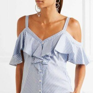 Veronica Beard Grant Multiway  Striped Ruffle Cold Shoulder Cocktail Blouse Top